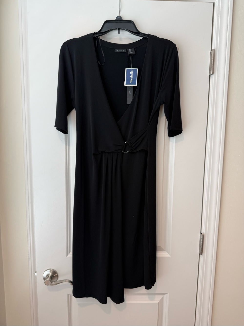 Tahari NWT Black Faux-Wrap Midi Dress with Waist Ring Detail